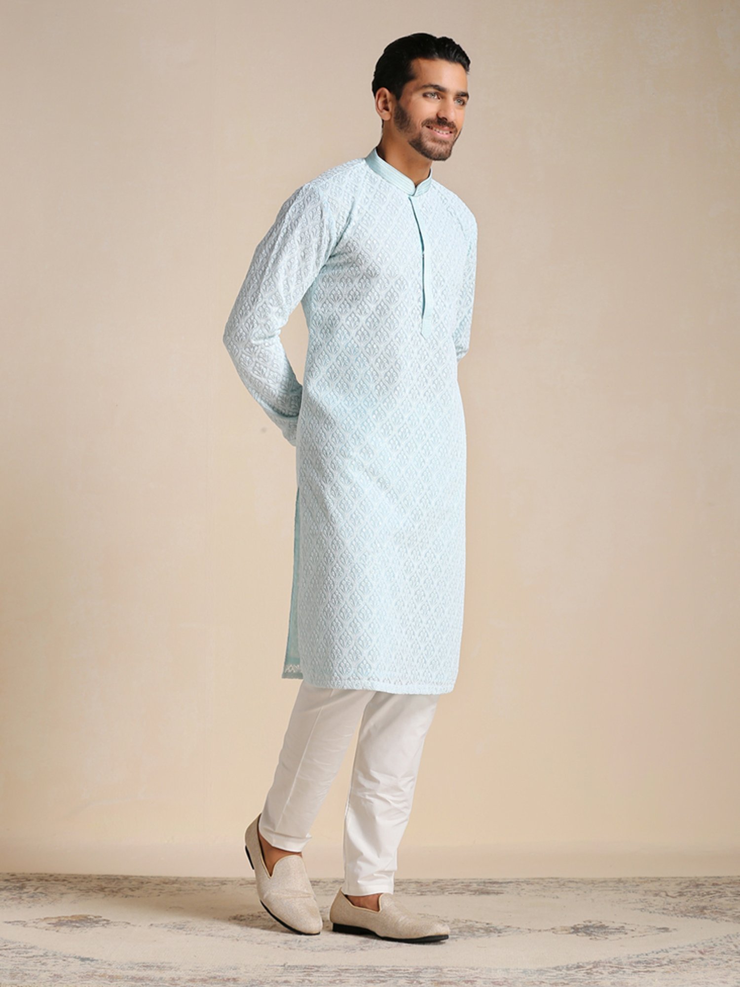 Manyavar Sky Blue & White Embroidered Kurta & Pyjama Set