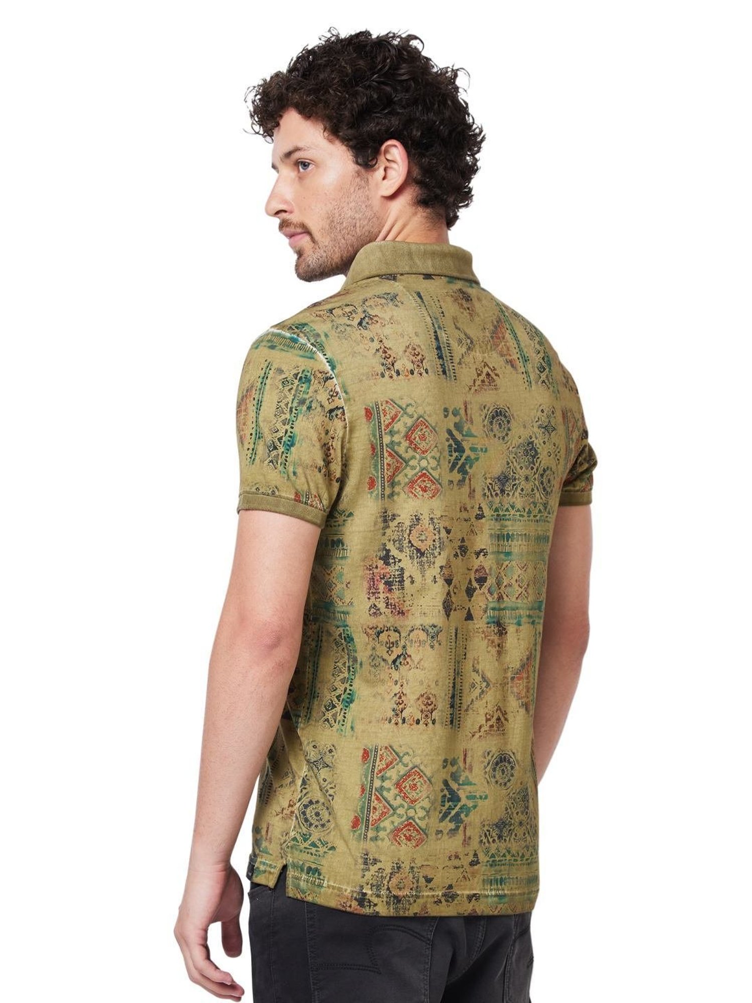 Spykar Green Cotton Slim Fit Printed Polo T-Shirt