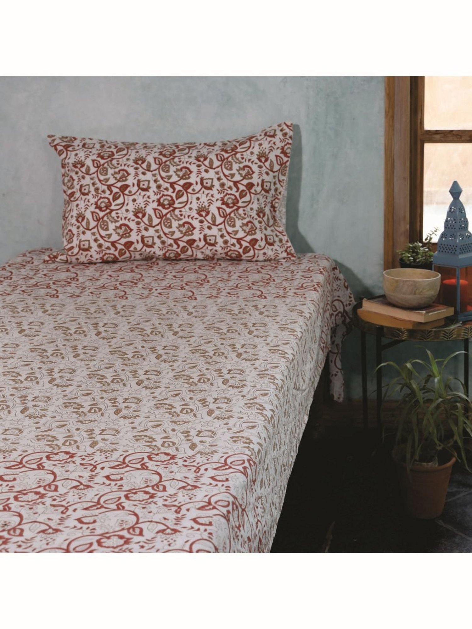 Fanusta Manzhar Off White 200 TC Hand Block Printed Bed Sheet Set