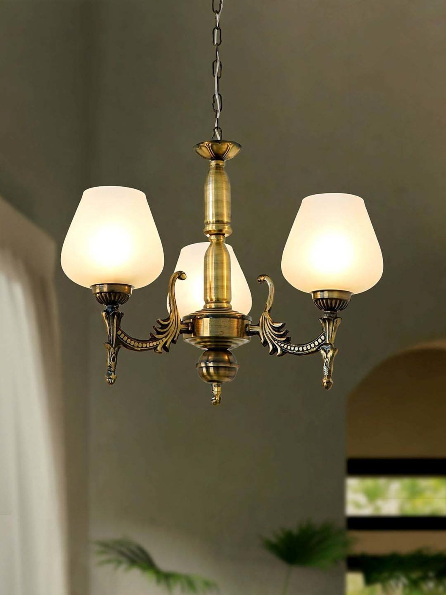 Fos Lighting Gold Mild Steel Antique Wide 3-Light Mini Ceiling Chandelier Hanging Light