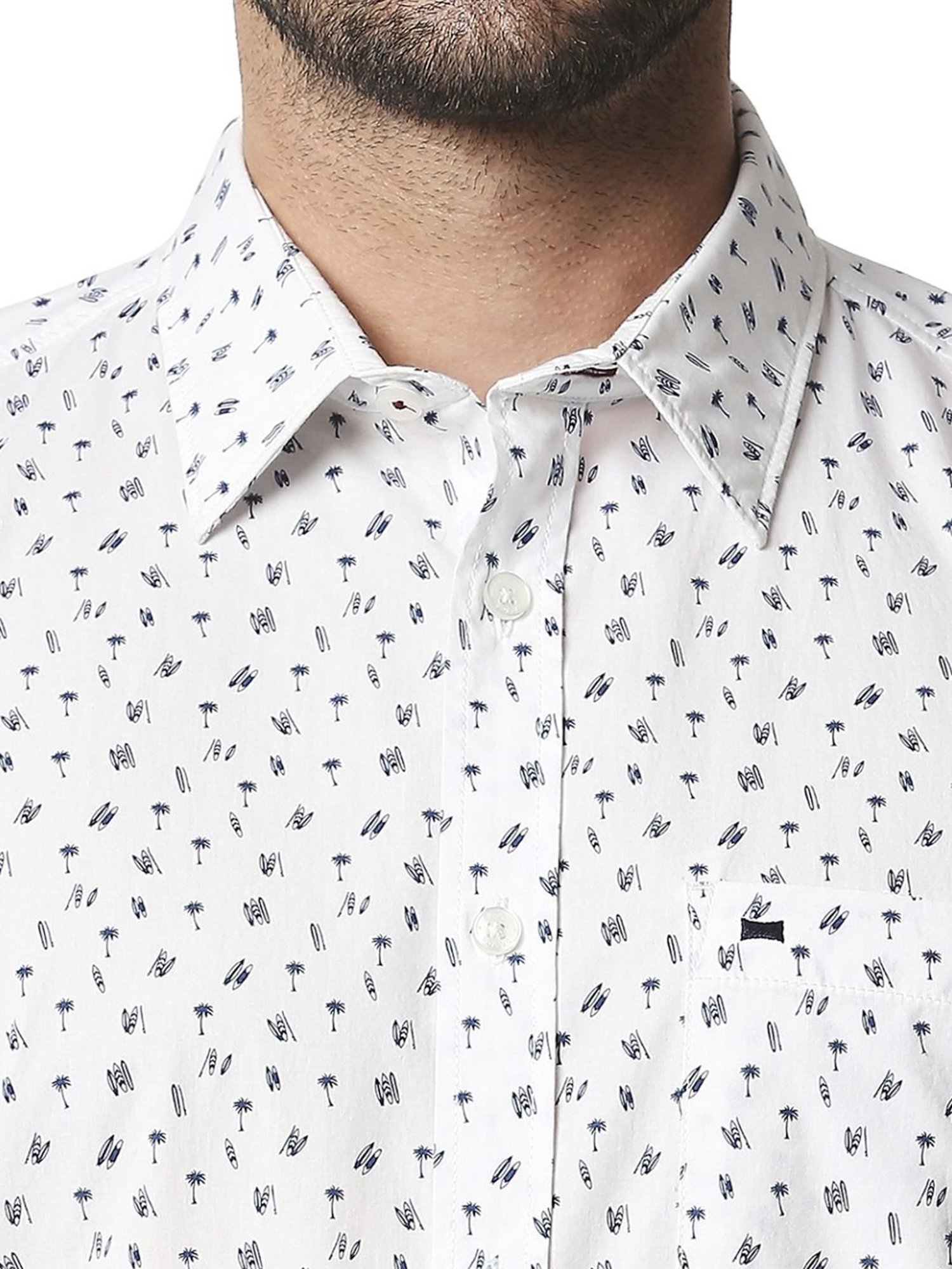 Basics White Cotton Slim Fit Printed Shirt