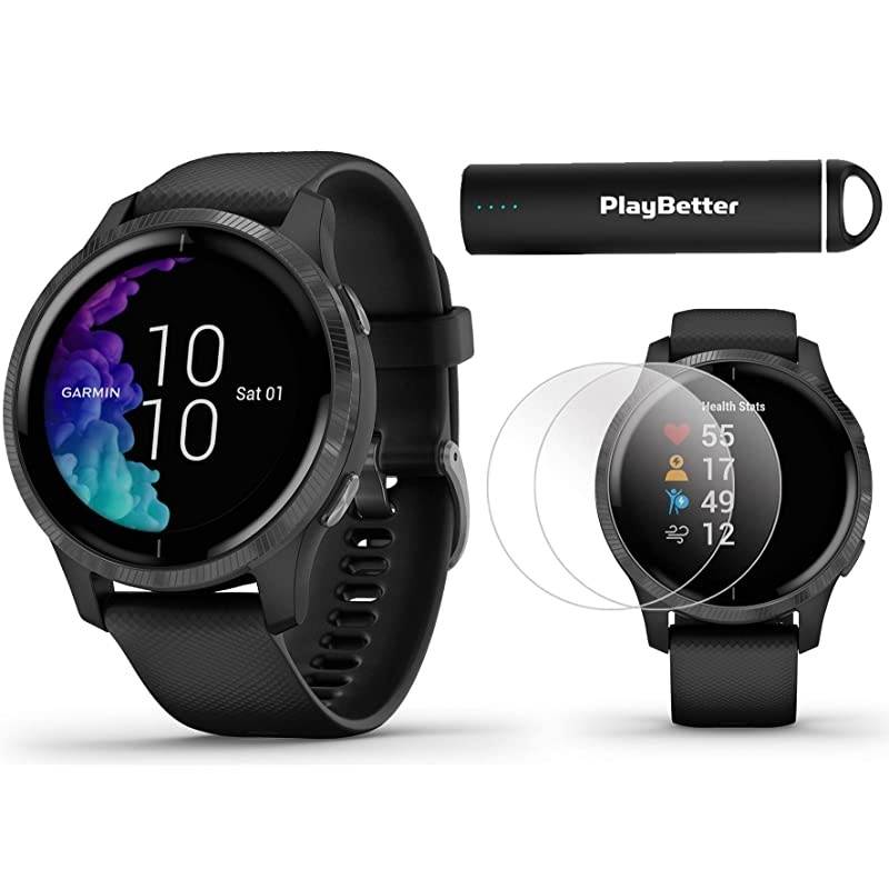 Garmin Venu (Black/Slate) Power Bundle | +HD Screen Protectors (x4) &  Portable Charger | AMOLED Display, Spotify | Fitness GPS Smartwatch