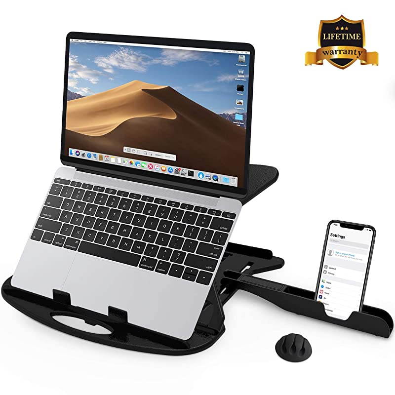 Laptop Stand Patented Riser Ventilated Portable Foldable Swivel Compatible with MacBook Notebook Tablet Tray Desk Table Book with Free Phone Stand and Cable Clip