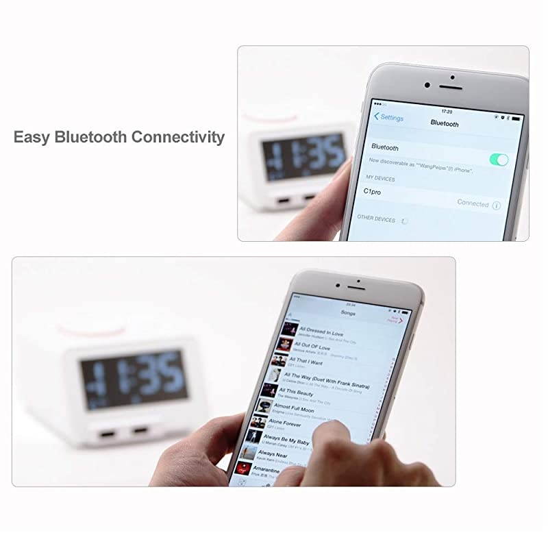 Upgraded Version]  Alarm Clock for Bedrooms with Bluetooth Speaker, 2-Port Universal USB Charger, Large 4 Level Dimmable LCD Screen, Snooze &ndash; White