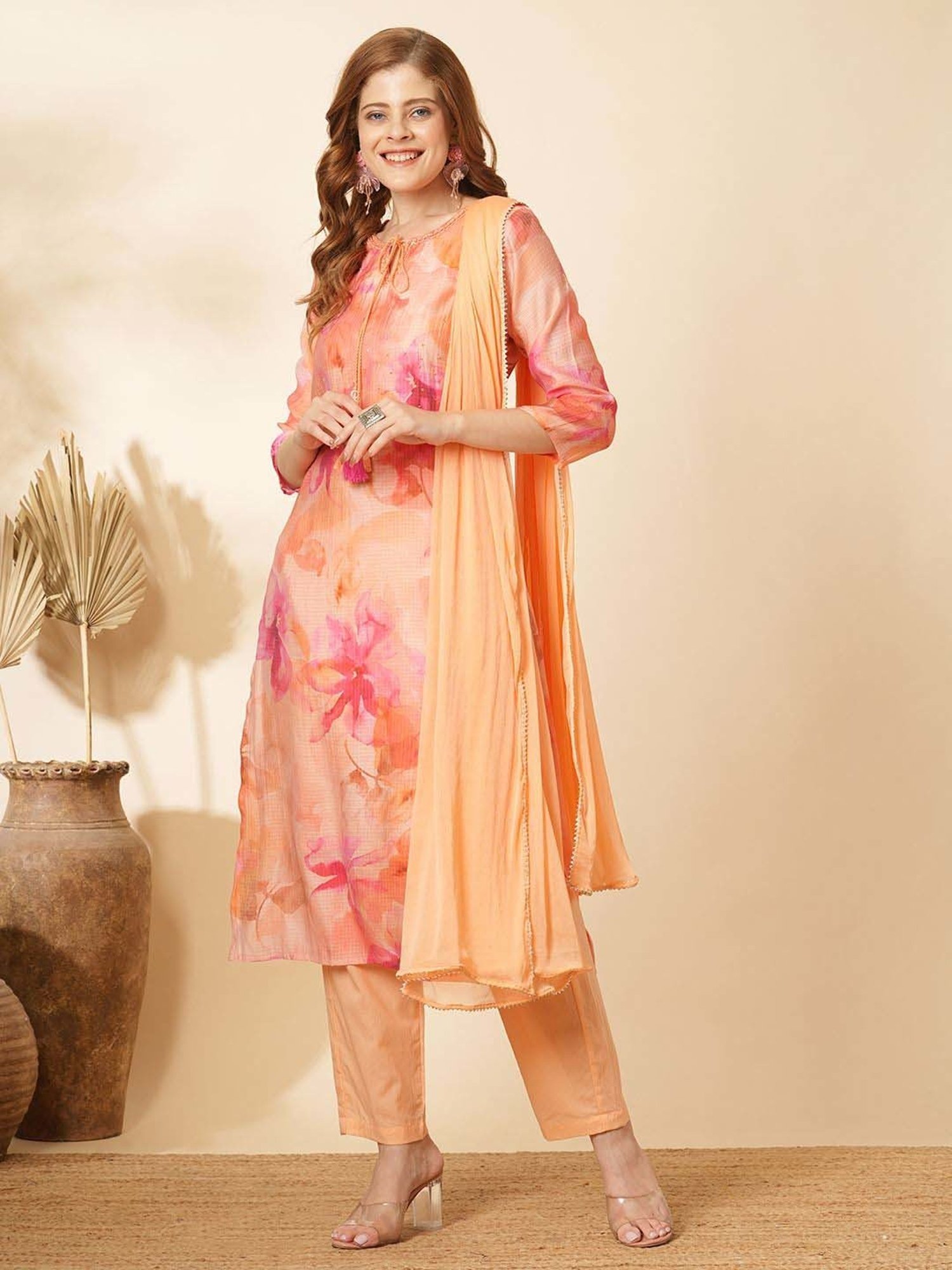 Fashor Peach Floral Print Kurta & Pant Set With Dupatta