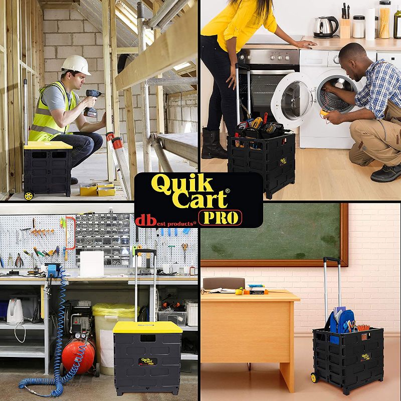 dbest products Quik Cart Pro 2 Wheeled Collapsible Handcart Dolly Storage Grocery Shopping Utility Cart with Lid, Seat, and Stool Functions, Yellow