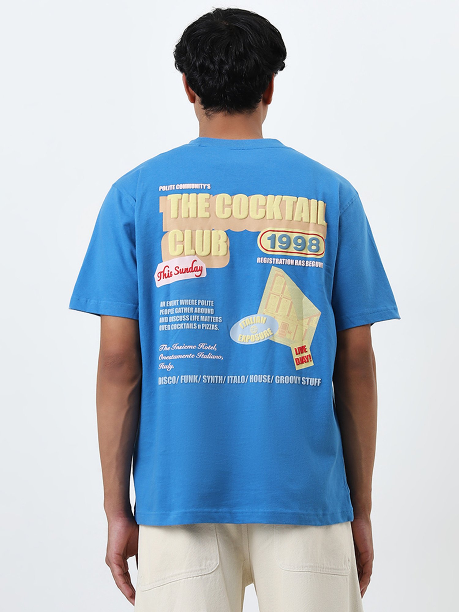 Nuon by Westside Blue Text Embossed Relaxed-Fit Cotton T-Shirt