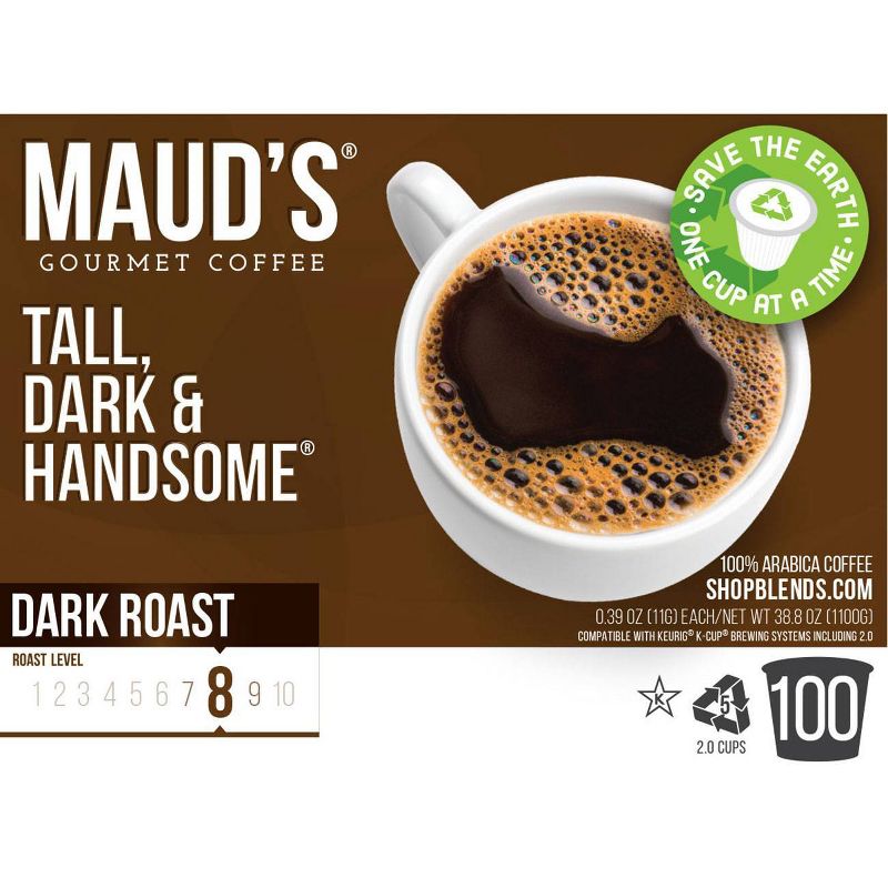 Maud's Dark Roast Coffee (Tall Dark and Handsome), Recyclable Dark Roast Coffee Pods – 100% Arabica Coffee California Roasted - 100ct