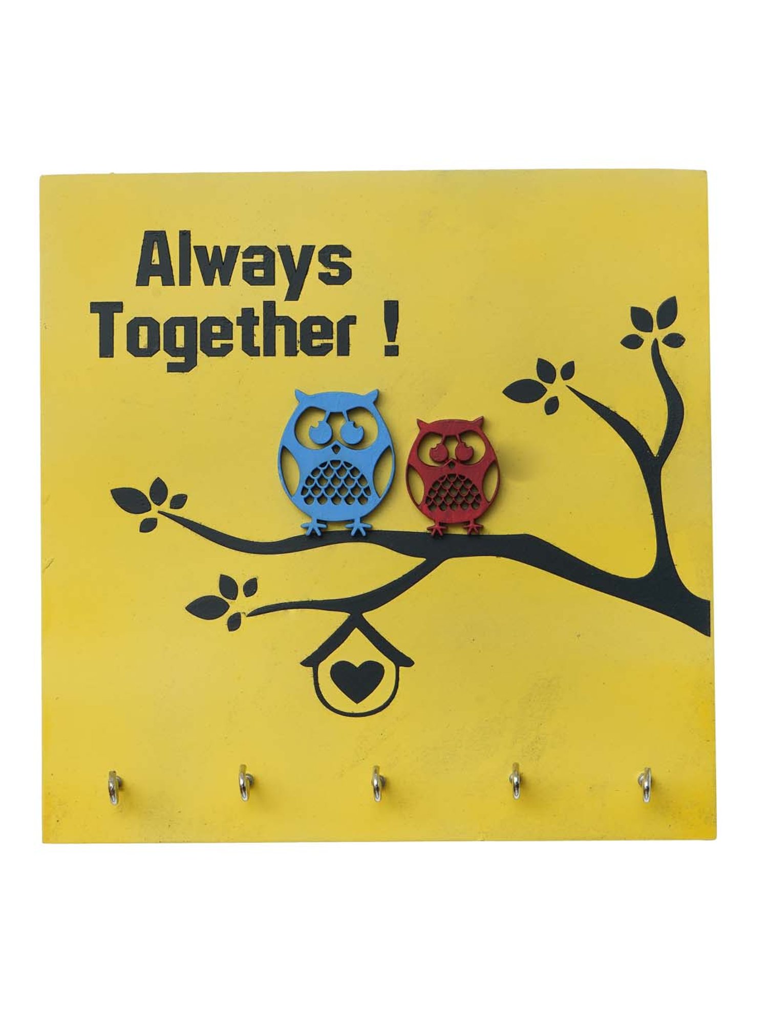 eCraftIndia Yellow & Black Wooden 5-in-1 Hook 'Owls Sitting' Key Holder
