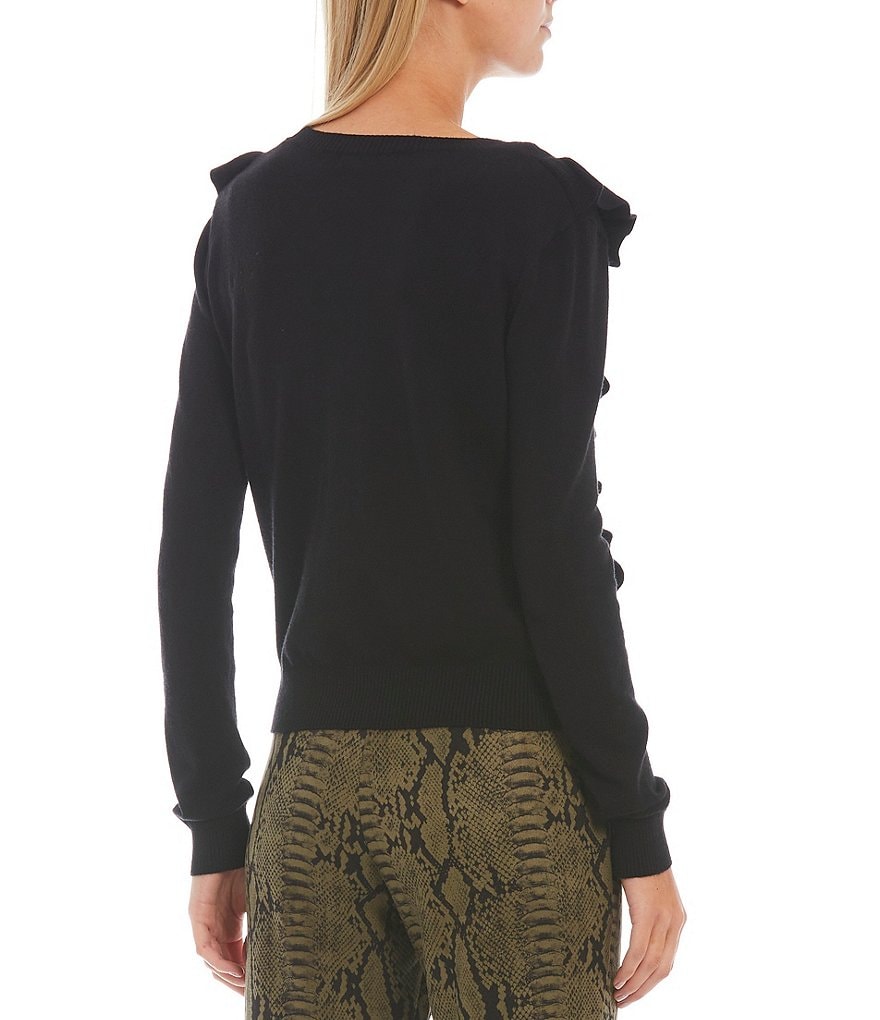 Sugarlips Pointelle Waterfall Ruffle Long Sleeve Crew Neck Sweater