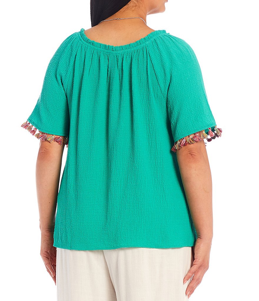I.N. Studio Plus Size Pucker Woven Square Neck Tassel Trim Short Sleeve Necklace Top