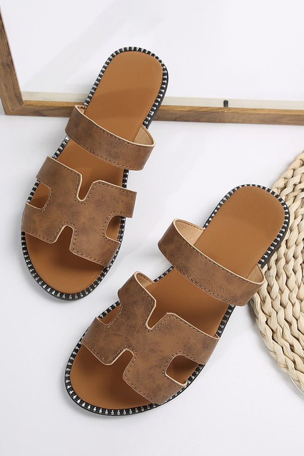 Brown Leather H Band Flat Slides S​hoes