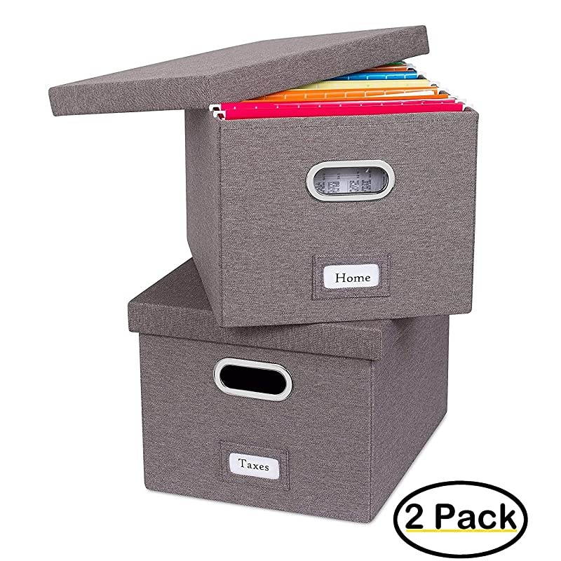 Collapsible File Storage Organizer with Lid Decorative Linen Filing Storage Office Box Hanging LetterLegal Folder Home Office Bins Cabinet Grey Container 2 Pack