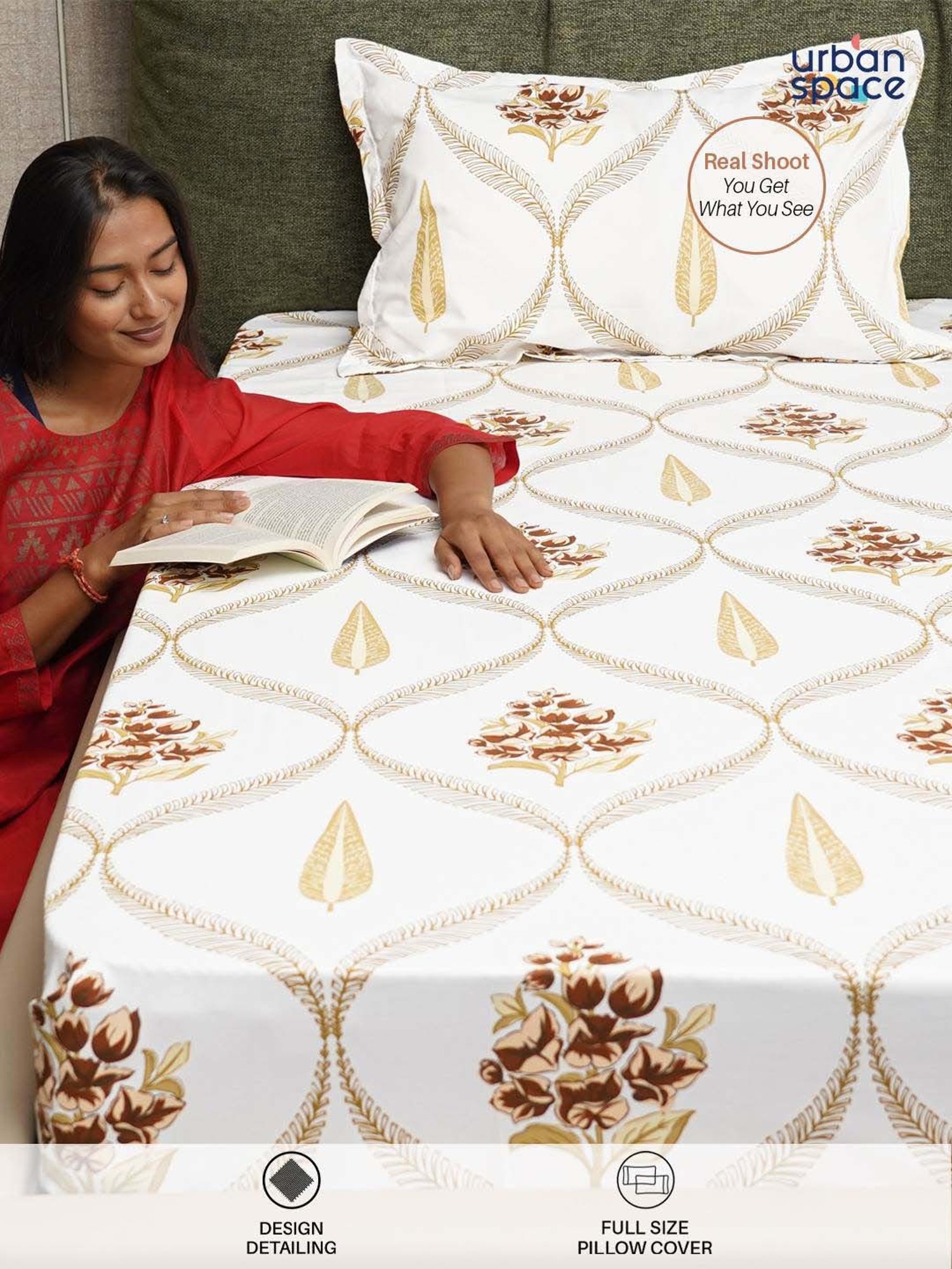 Urban Space Serene Brown Cotton 200 TC Queen Size Bedsheet With Pillow Covers