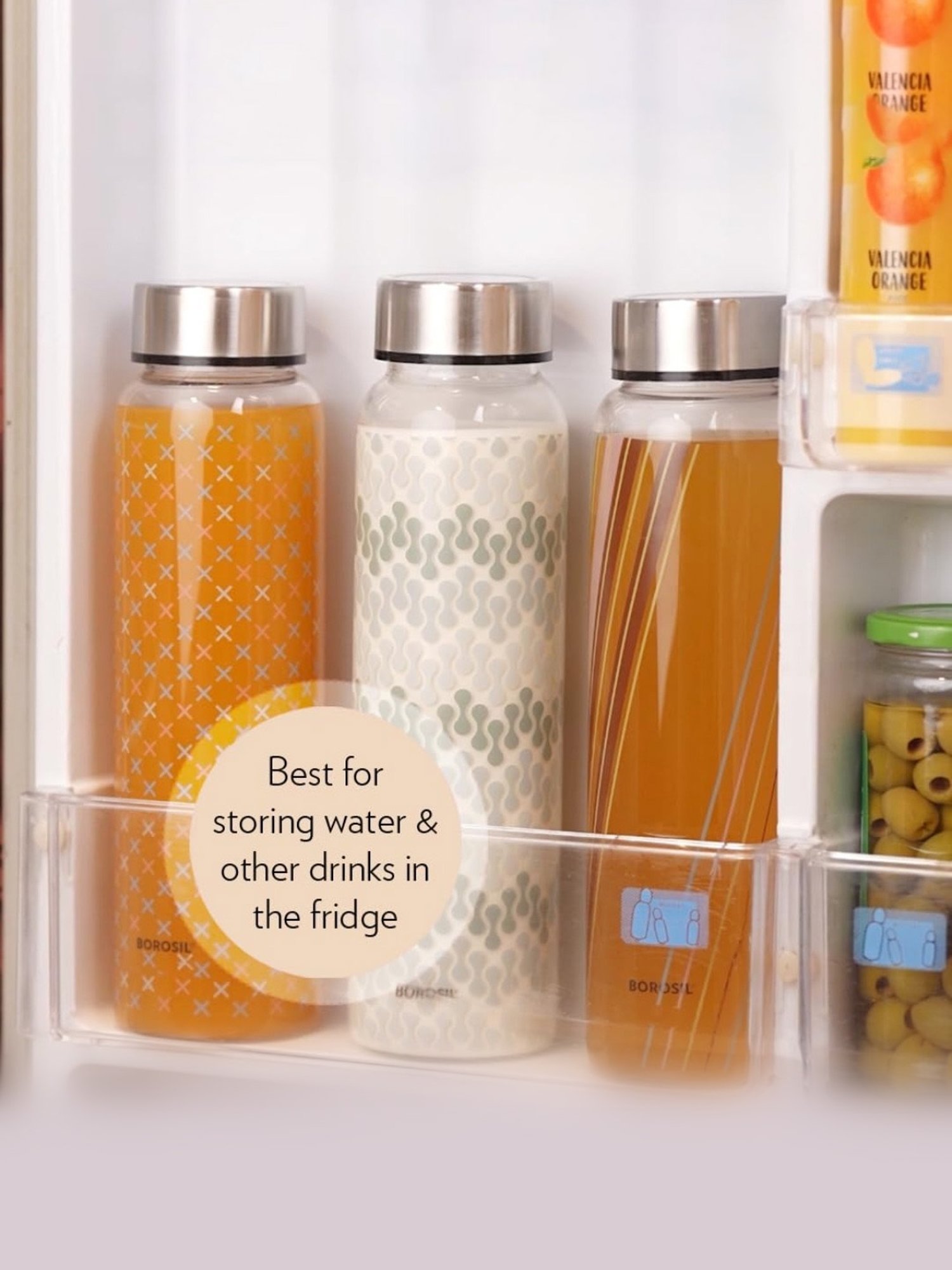Borosil Water Bottle with Fridge Safe & Leakproof Set of 3 (Transparent, 1000 ml)