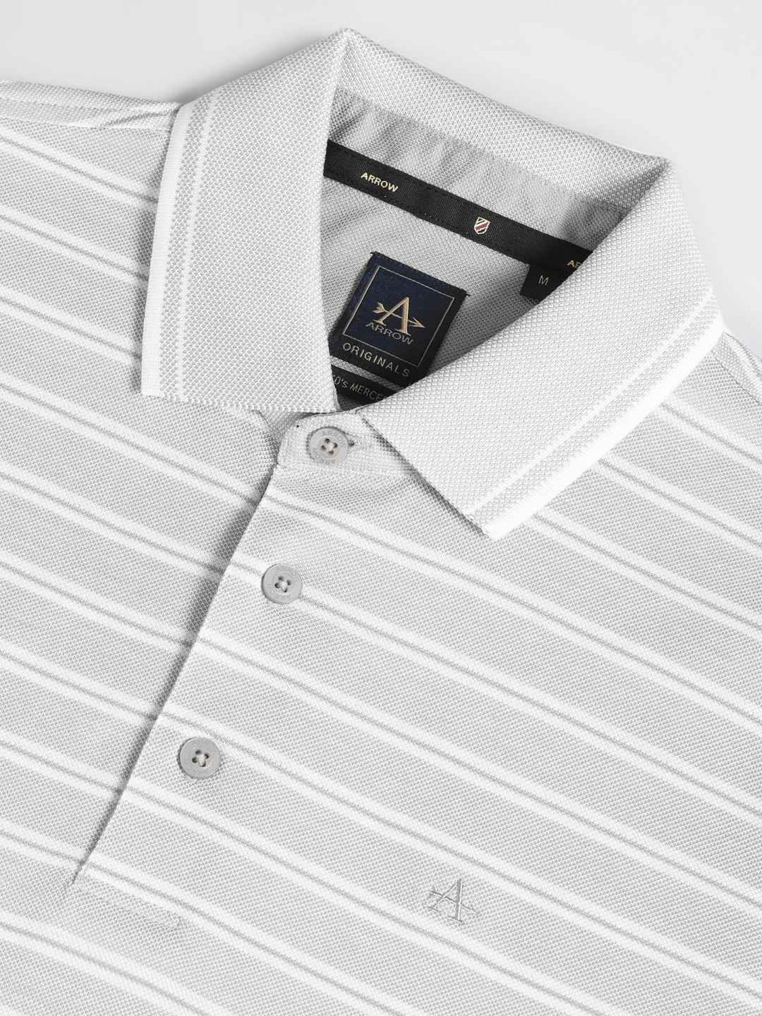 Arrow Grey Cotton Regular Fit Striped Polo T-Shirt