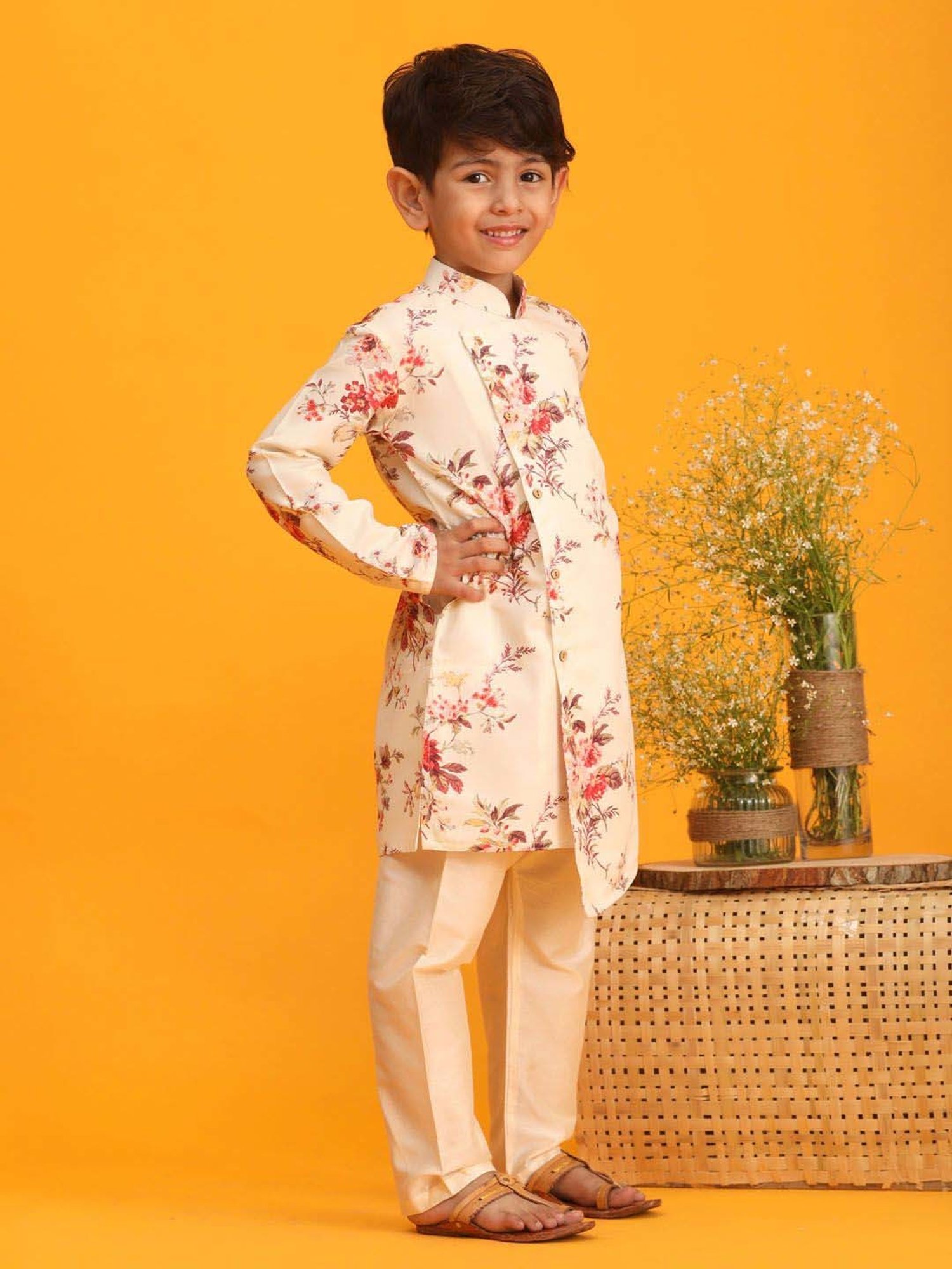VASTRAMAY Boys Cream Floral Full Sleeves Kurta Sets