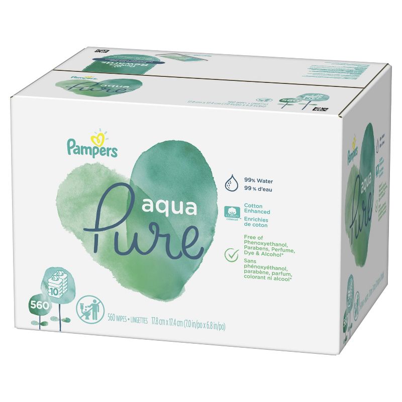 Pampers Pure Protection Disposable Diapers Size 1 - 132ct + Size 2 - 120ct & Pampers Aqua Pure Wipes - 560ct - Bundle
