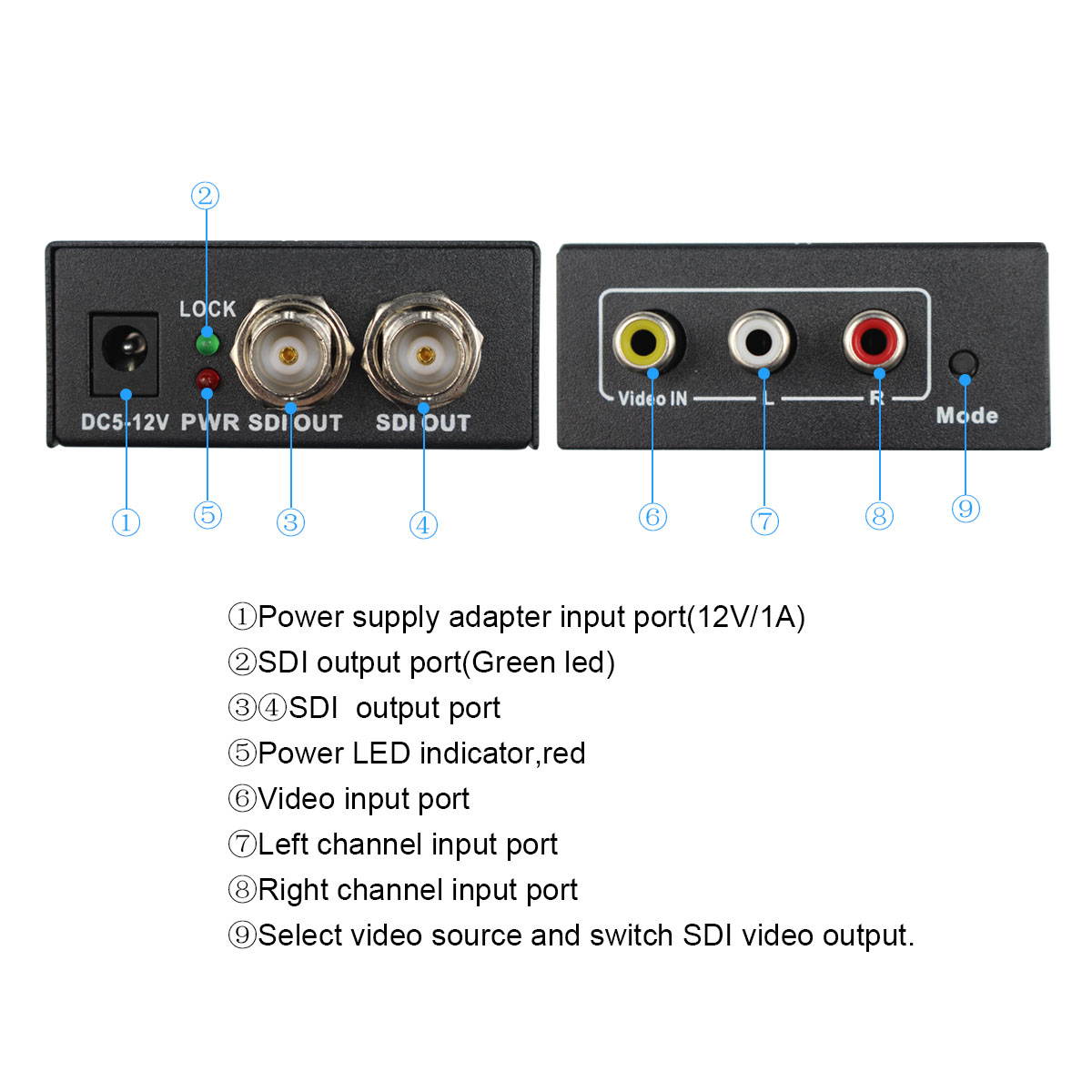 AV to Dual SDI 3G Converter R/L CVBS 3RCA in 3G HD-SDI out Adapter Full HD 1080p for CRT HDTV Camera