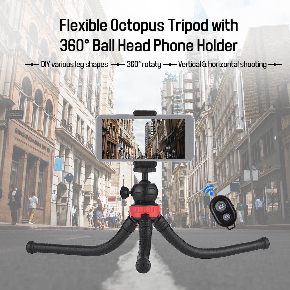 Flexible Octopus Tripod with 360&deg; Ball Head Phone Holder Phone Remote Controller for GoPro Heor 6/5/4/3+/3 Yi Action Camera for Canon Nikon Sony DSLR for iPhone Samsung HUAWEI 57-87mm Width Smartphone