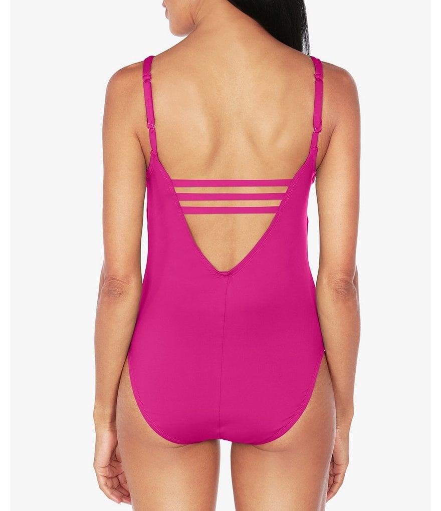 T Tahari Essentials Lattice Front Plunge V-Neck One Piece Swimsuit