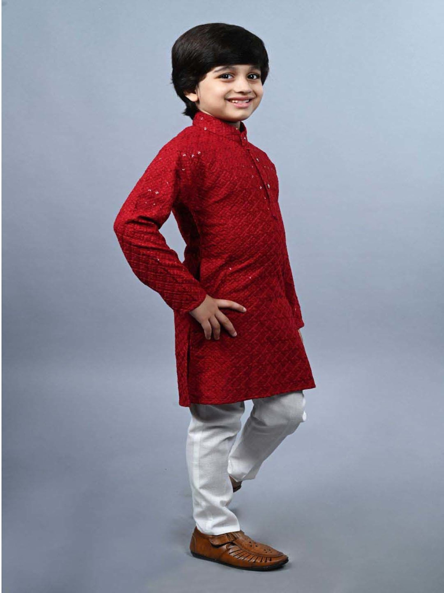 Ahhaaaa Kids Red & White Cotton Embroidered Full Sleeves Kurta Set