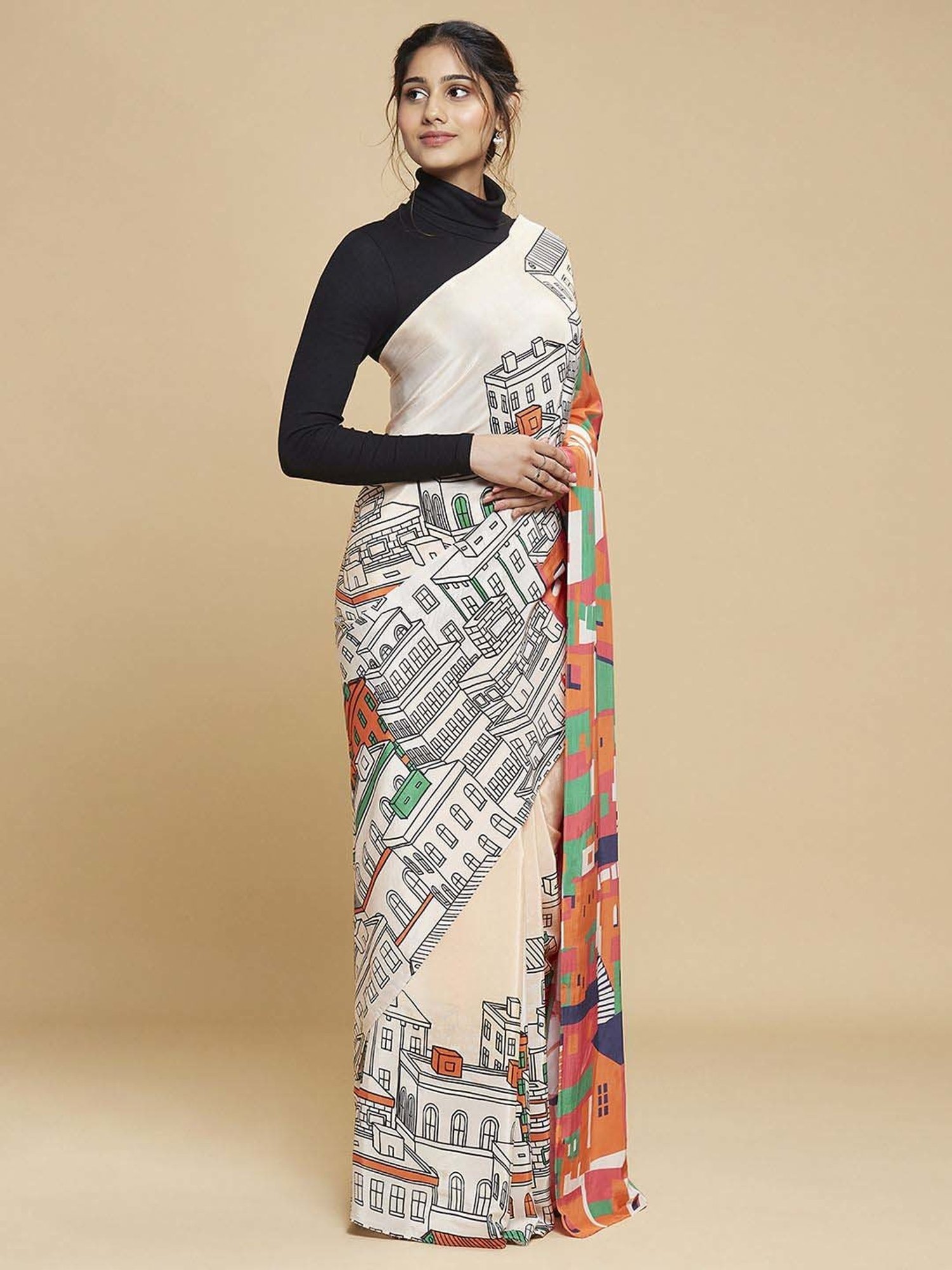 navyasa by liva Peach Printed Saree With Unstitched Blouse