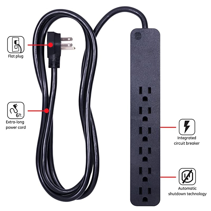 Power Strip SurProtector 6 Outlets Flat Plug 6 Ft Power Cord Wall Mount Warranty Black 37211