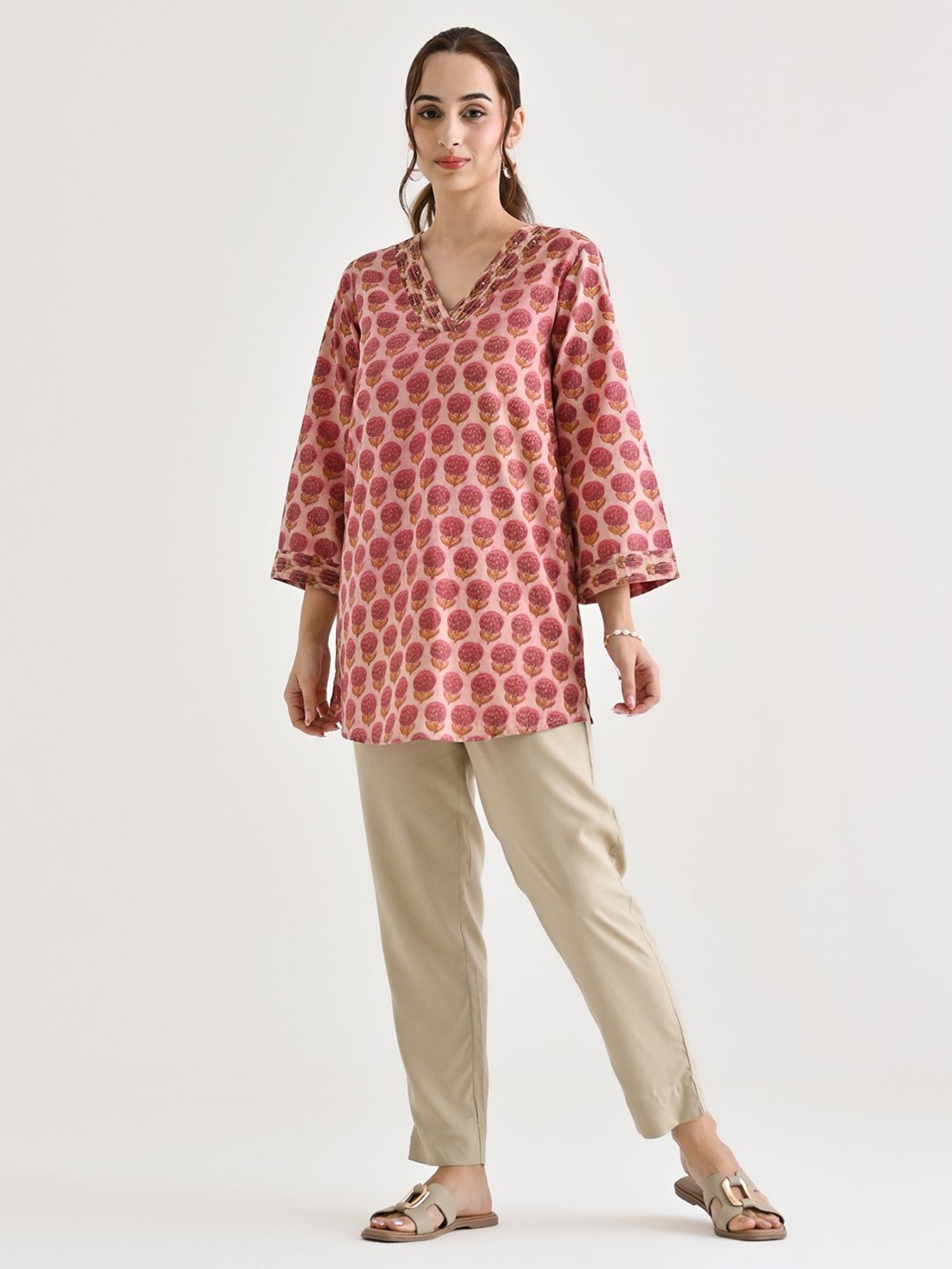 Rustorange Pink Cotton Floral Print A Line Short Kurti