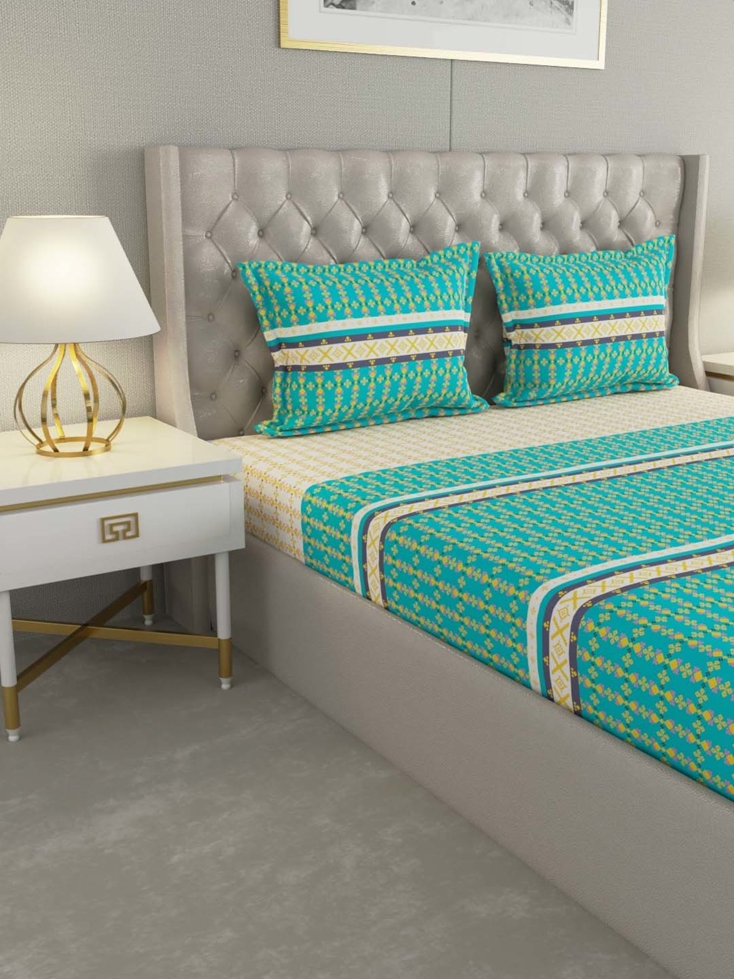 House This Juniper Blue Cotton 600 TC Double Size Bedsheet With Pillow Covers