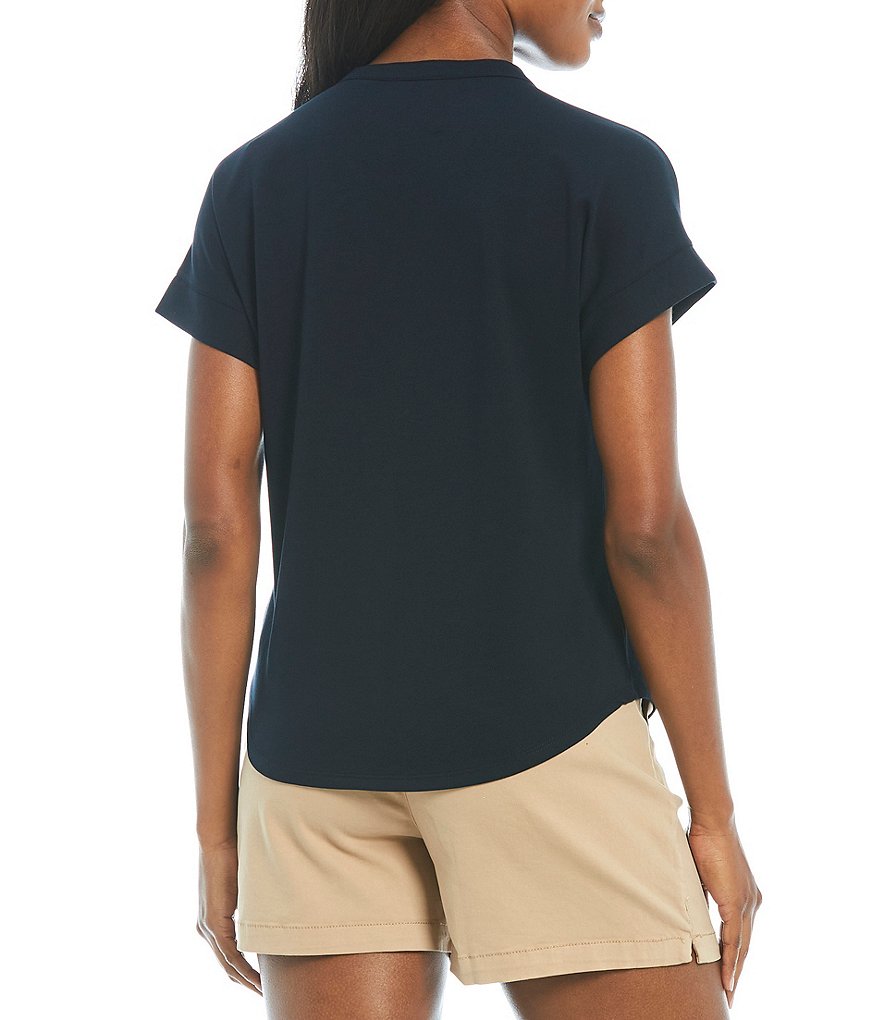 Alex Marie Lauren French Terry Knit V-Neck Button Front Short Sleeve Top