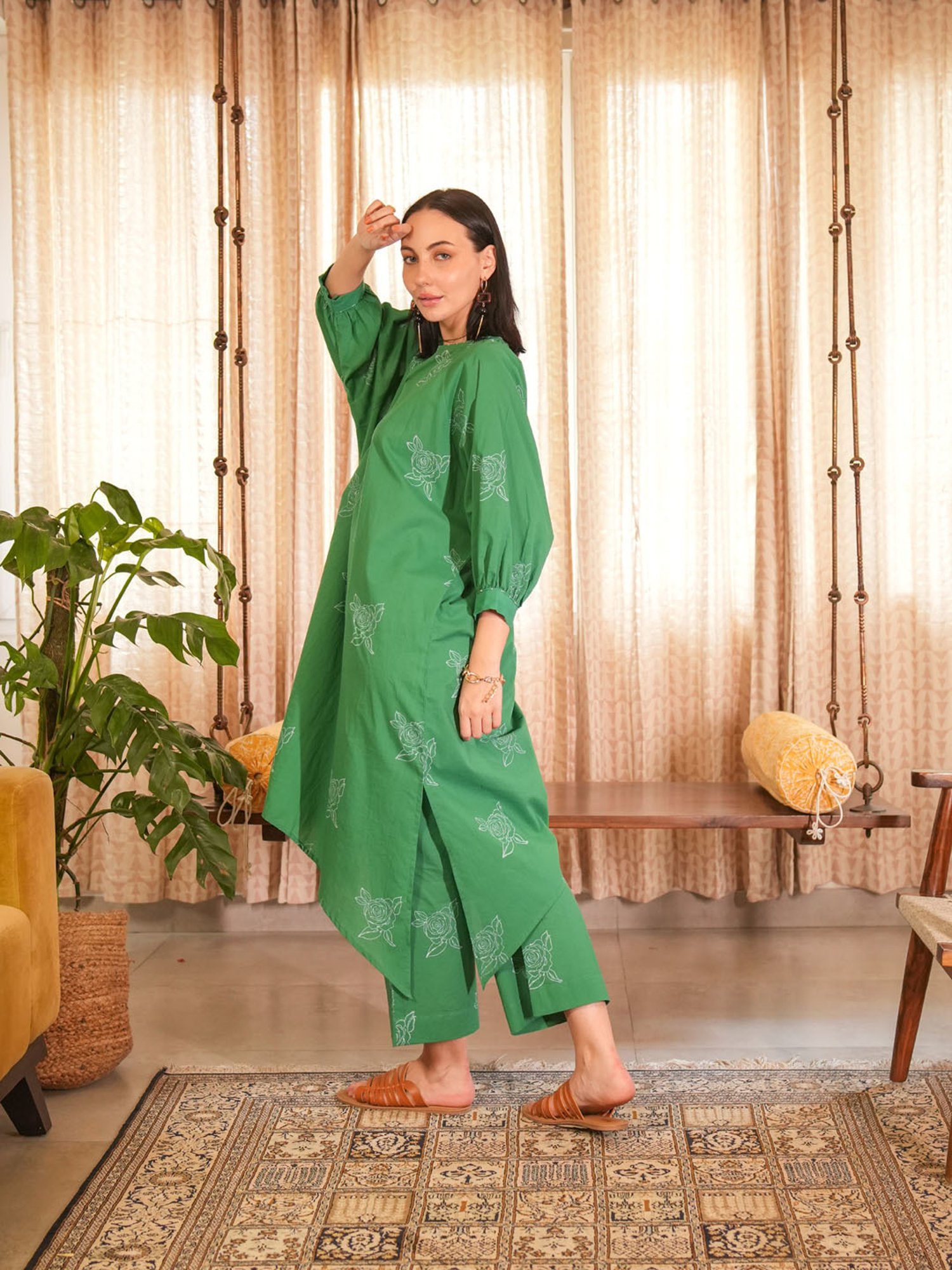 Akiso Emerald Green Hand Block Printed Assymetrical Kaftan