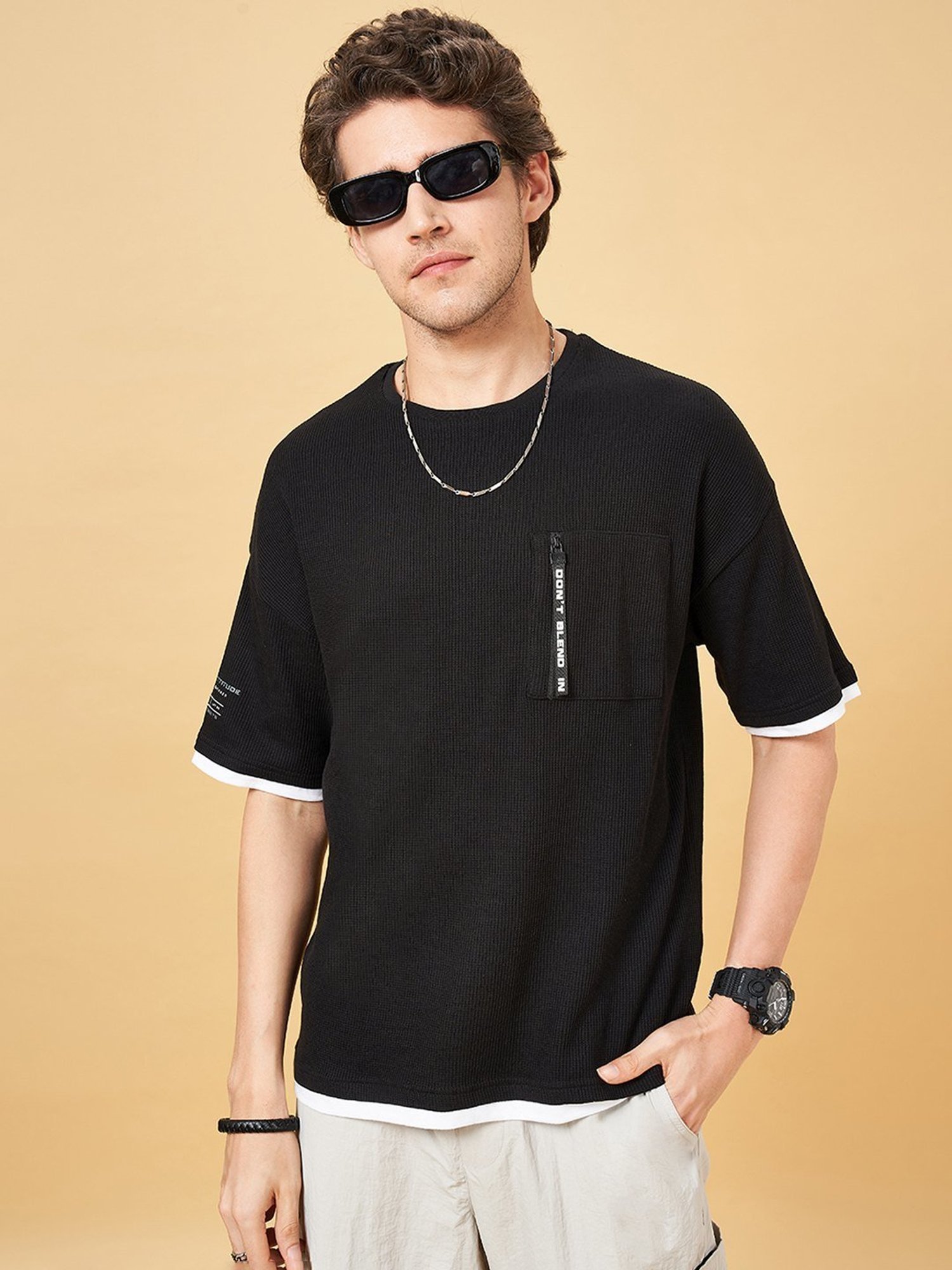 Street 808 By Pantaloons Jet Black Loose Fit Texture T-Shirt