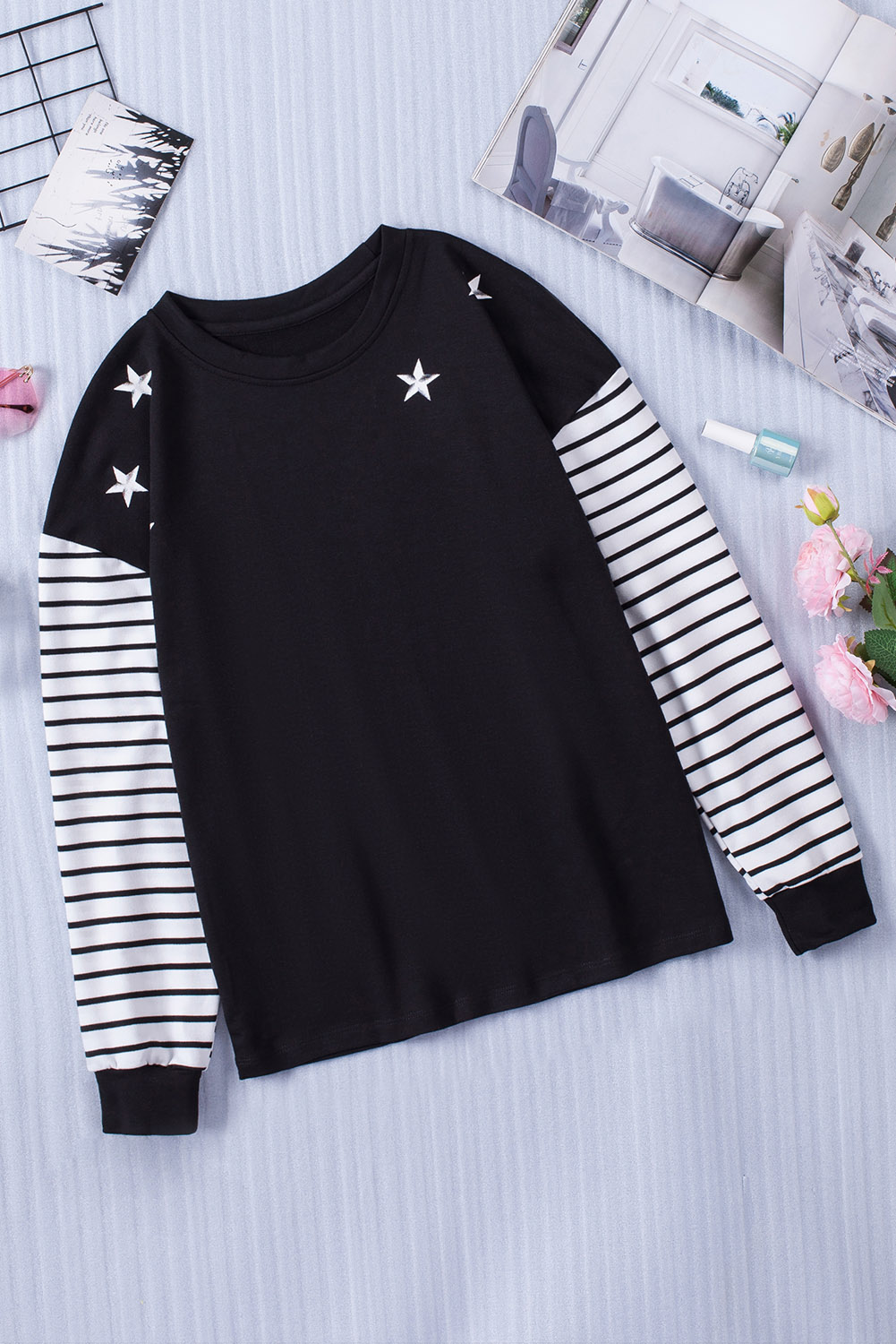 Blank Sweatshirt - Black Striped and Stars Print Long Sleeve T-Shirt Customized