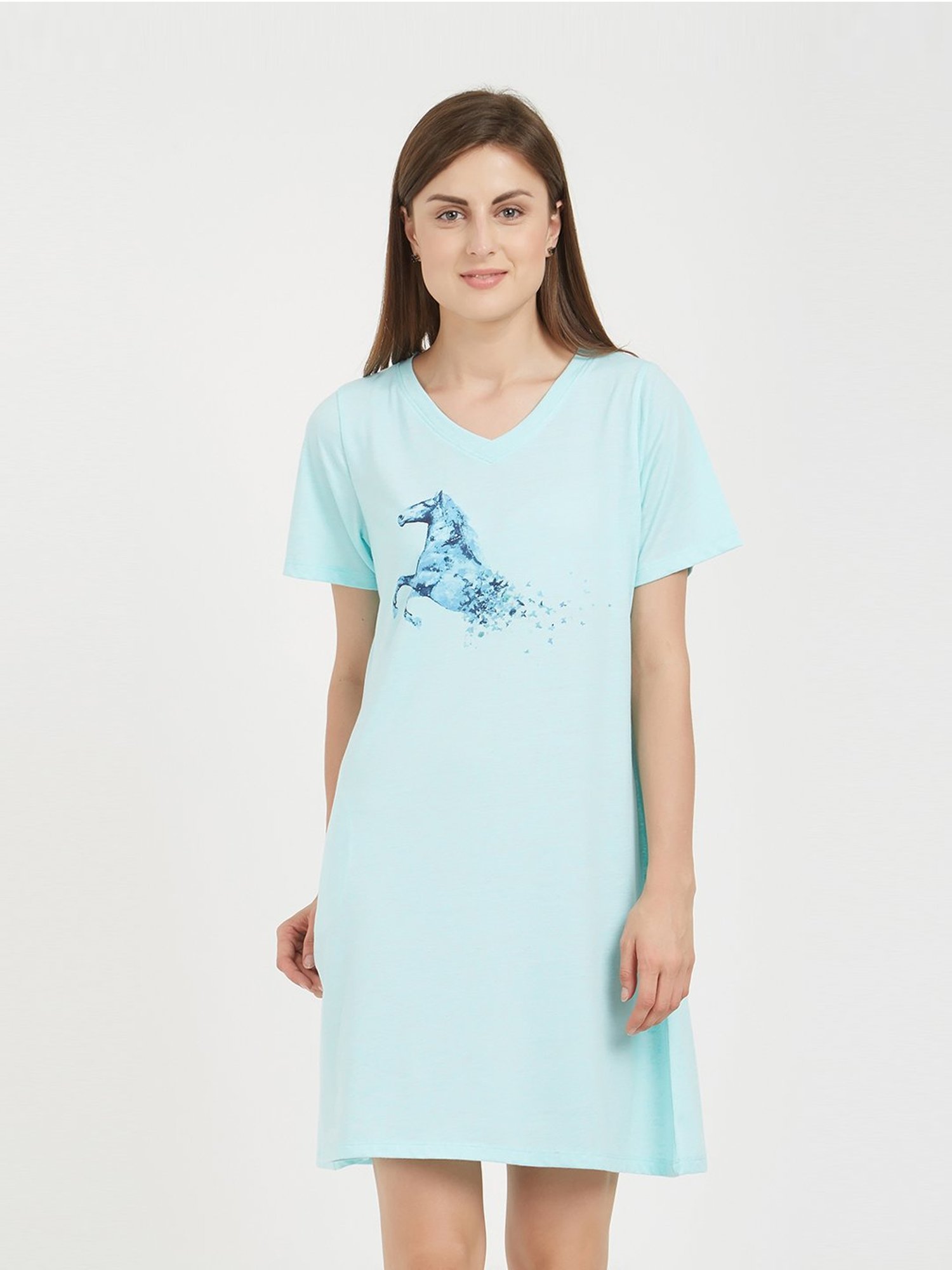 Soie Sky Blue Cotton Printed Sleep T-Shirt