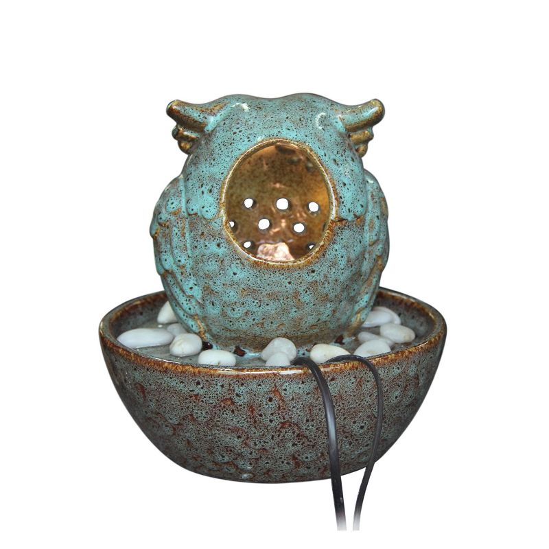8" Ceramic Owl in Bowl Tabletop Fountain with LED Light Turquoise - Hi-Line Gift