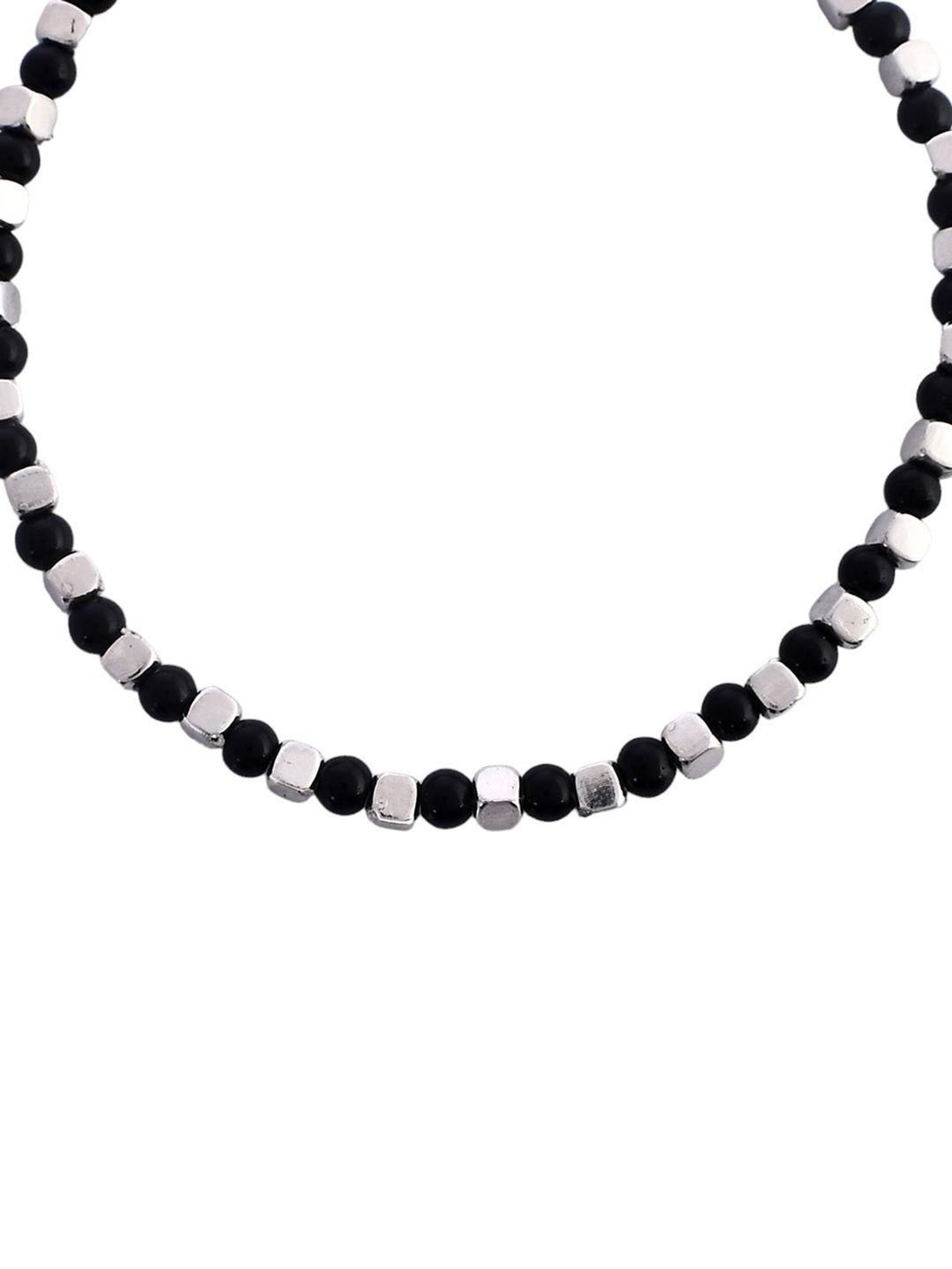 VOJ Set of 2 Artifical Beaded Silver & Black Anklet for Women