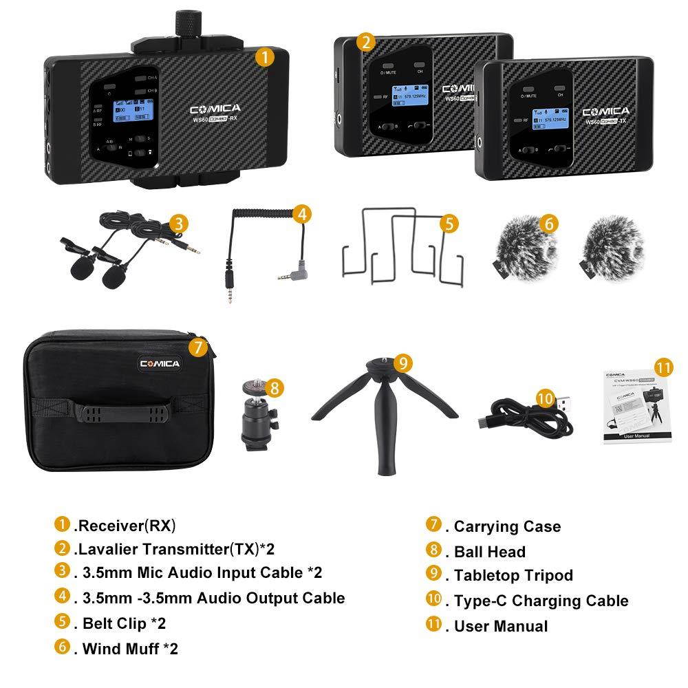 comica CVM-WS60 Combo Wireless Dual Lavalier Lapel Microphone System with UHF 12 Channels, Universal Smartphone Clamp,100-194ft Wireless Range,Wireless Microphone for Smartphones and Cameras (2Tx+1Rx)