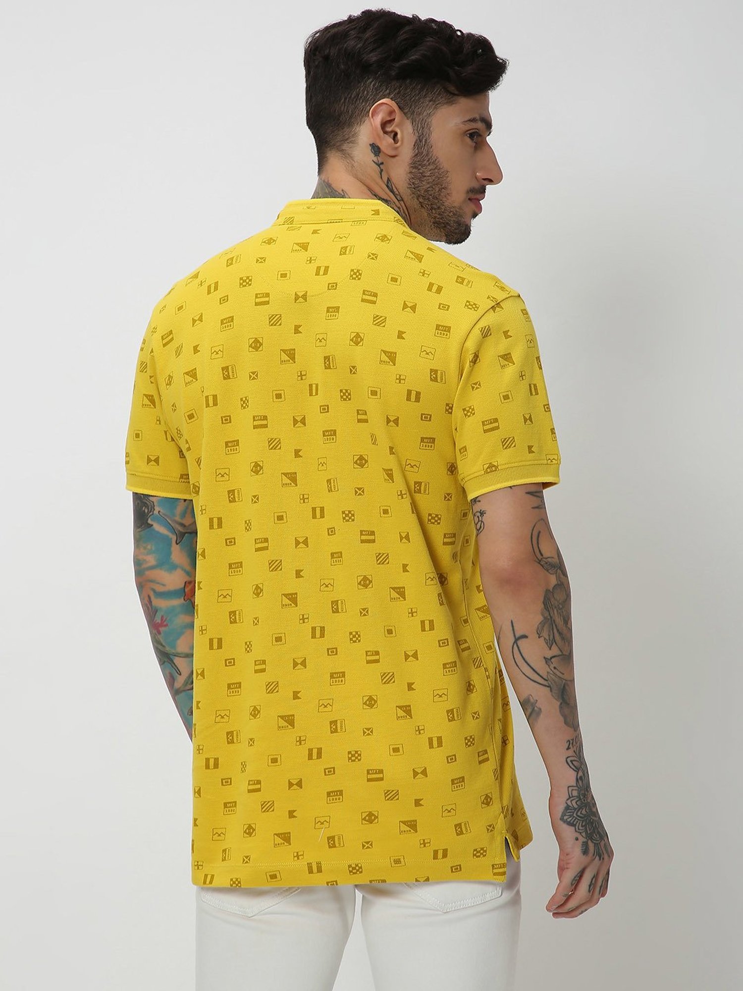 Mufti Yellow Slim Fit Printed Mandarin Collar Cotton T-Shirt