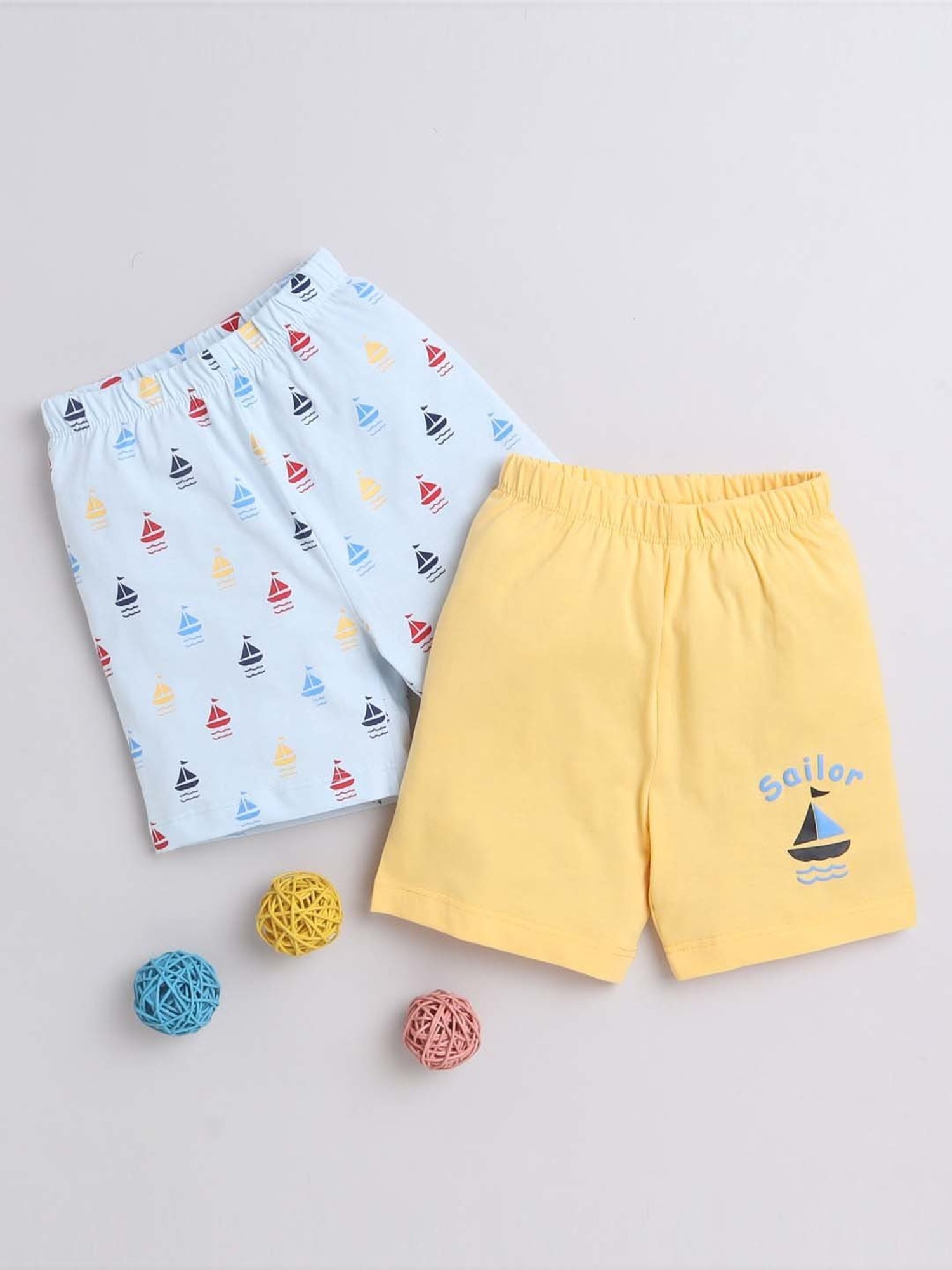 Bumzee Kids Sky Blue & Yellow Cotton Printed Shorts (Pack of 2)