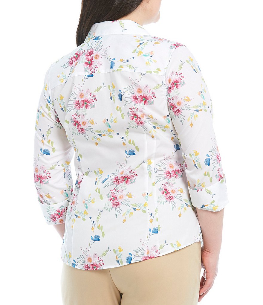 Investments Plus Size Taylor Gold Label Non-Iron Point Collar Y-Neck 3/4 Sleeve Button Front Floral Print Shirt