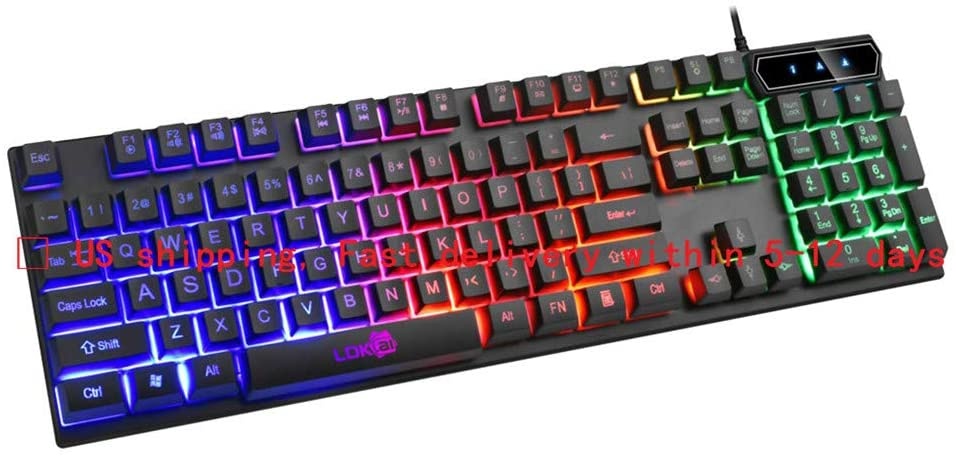 Keyboard US Stock- Gaming Keyboard Waterproof Colorful Crack LED Illuminated Backlit USB Wired PC Rainbow 104 Keys for Windows PC Gamer (Black)