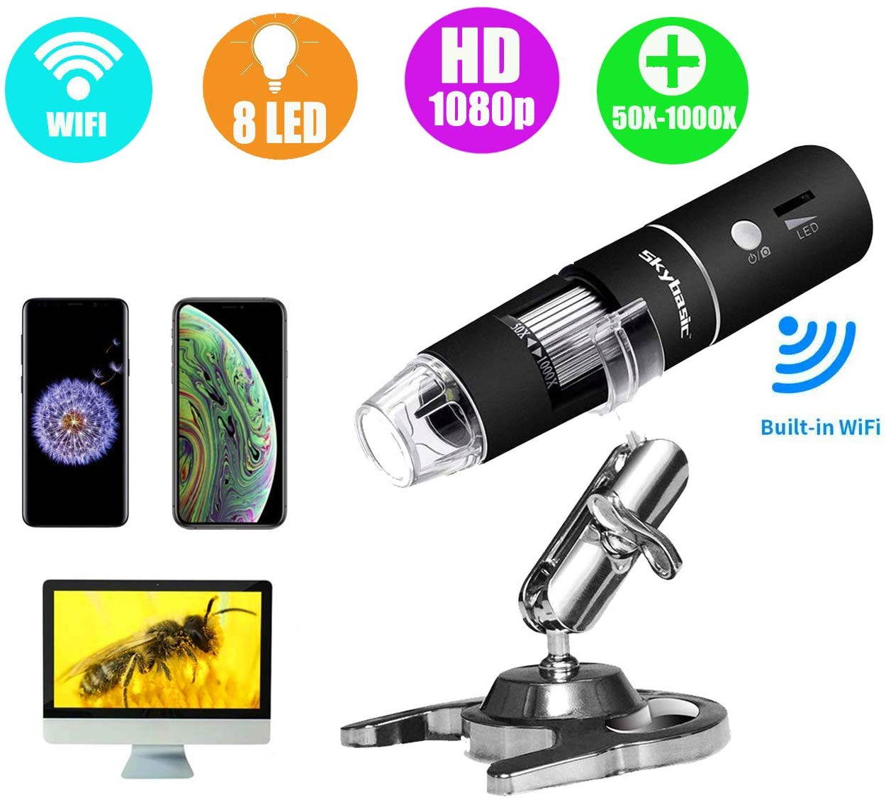 WiFi Digital Microscope Built In WiFi Wireless Digital Microscope Camera with 1080P HD 2MP 50x To 1000x Magnification Endoscope for Android, IOS, Smartphone, Tablet, Widows, IPad, Mac PC