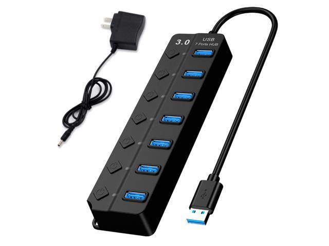 10pcs*Powered USB Hub 3.0, Vicabo 7-Ports USB Data Hub Splitter with One Smart Charging Port and Individual On/Off Switches Power LED and 5V Power Adapter black