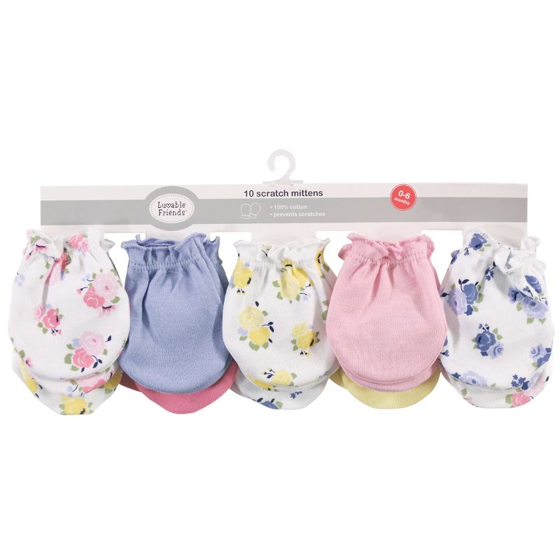 Luvable Friends Baby Girl Cotton Scratch Mittens, Pink Floral, One Size