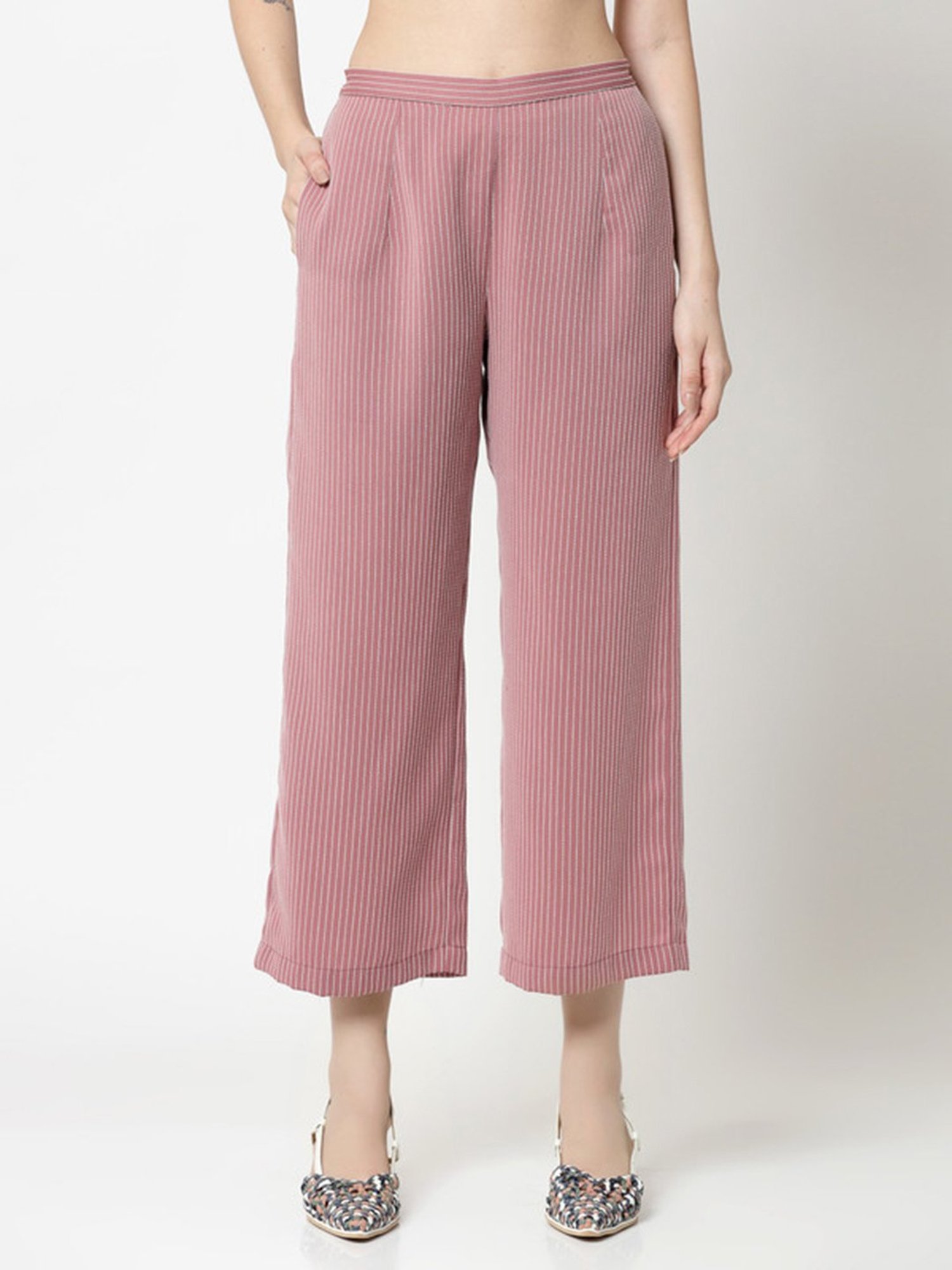 Office & You Pink Striped Regular Fit Mid Rise Palazzos
