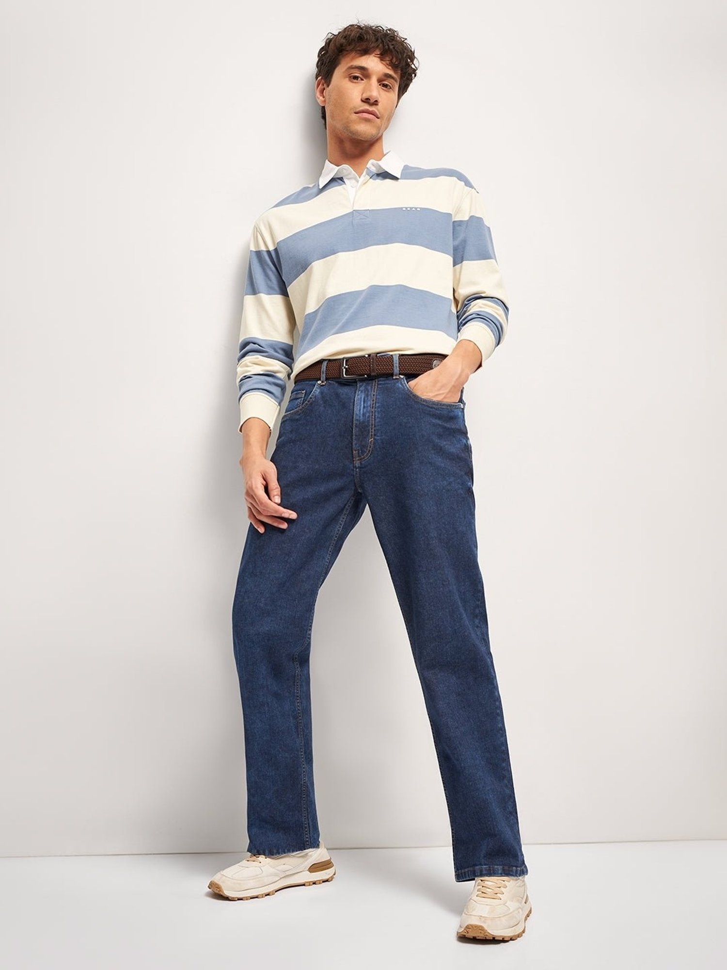 The Bear House Blue Cotton Relaxed Fit Striped Polo T-Shirt