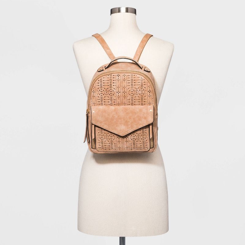 VR NYC Zip Closure Mosaic Design Laser Cut Shoulder Handbag - Natural