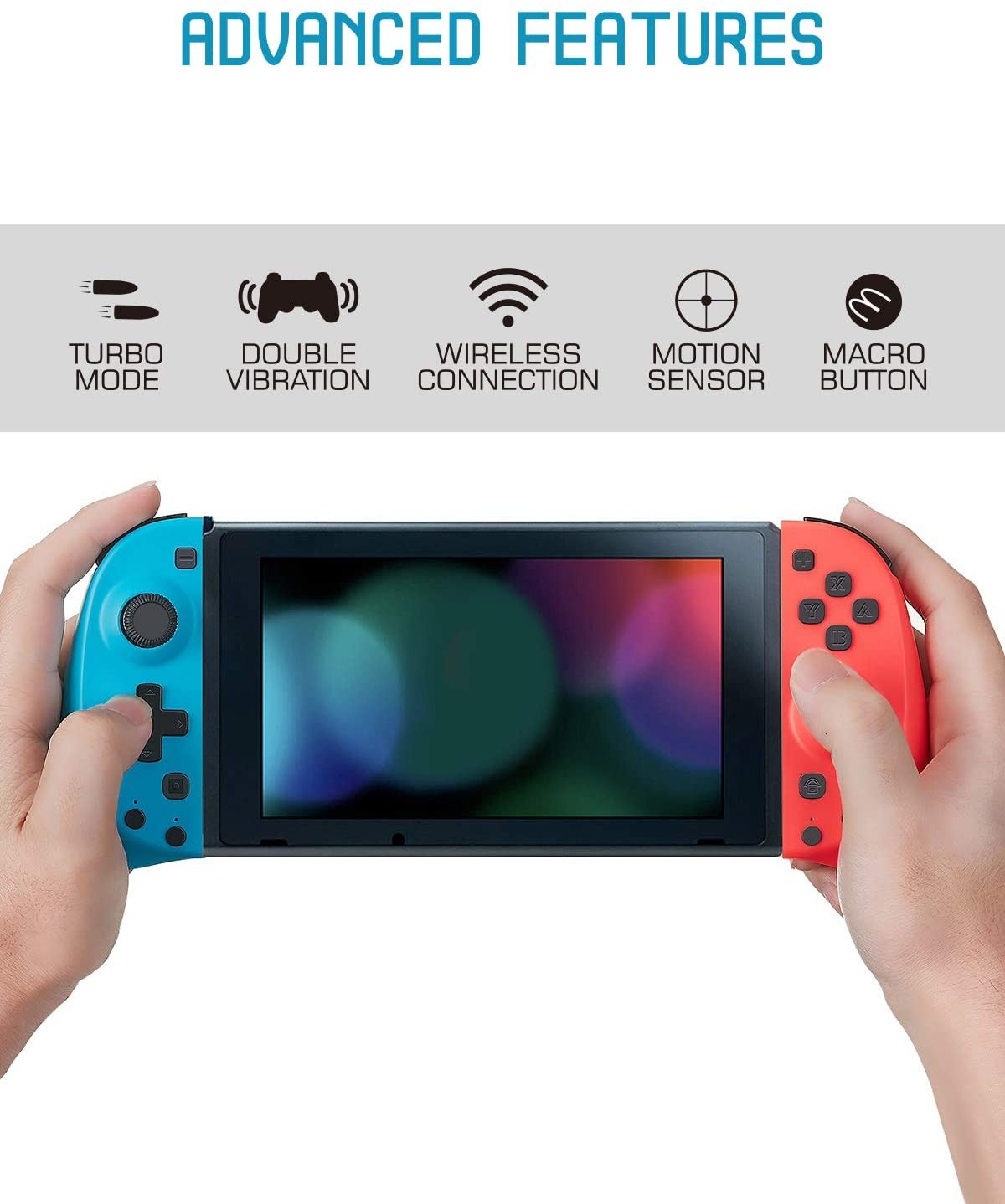 C25 Joy Pad Controller for Nintendo Switch, Replacement for Switch Joycon, Wired/Wireless Switch Controller, Programmable Macros, Turbo, Motion Control & Dual Vibration, Red and Blue with Grip