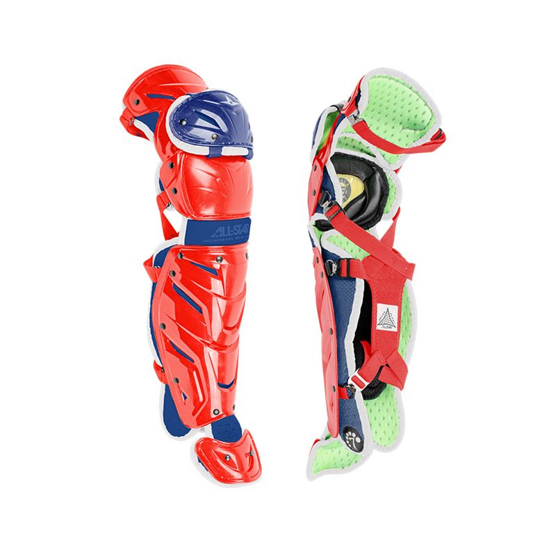 All-Star Sports S7 LG1216S7X USA Axis Baseball Catcher Leg Guards Protective Gear for Ages 12 to 16 Years w/ LINQ Hinge System & D3O Padding, Red/Blue